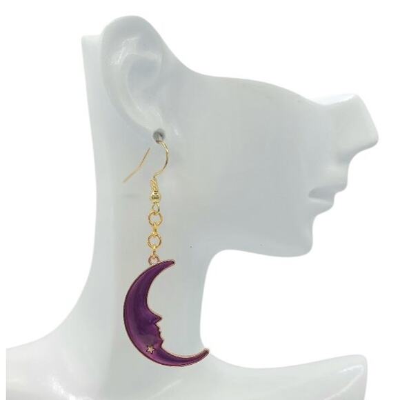 Purple Crescent Moon Face Earrings Celestial Dangle Jewelry Lunar Astrology Boho - Picture 2 of 3